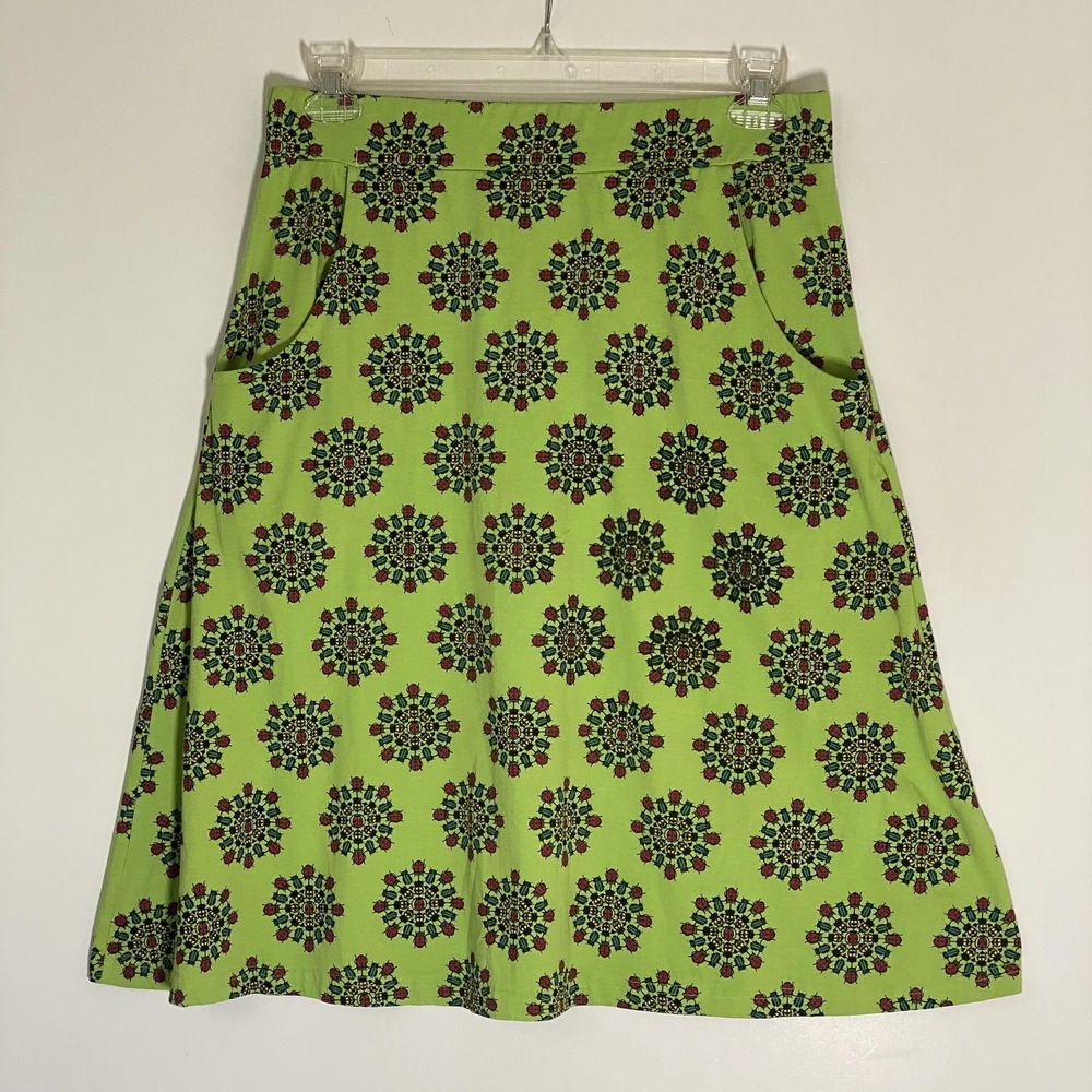 Svaha Skirt Womens Large Green Ladybug Print A-Line Pockets Organic Cotton